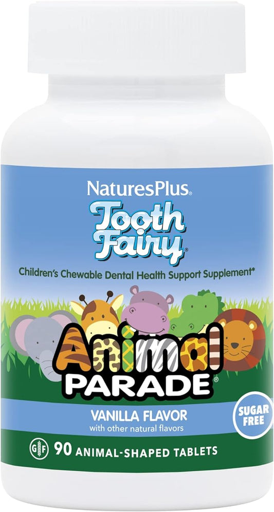 Natures Plus Animal Parade Tooth Fairy Children's Chewables - Natural Vanilla Flavor - 90 Animal-Shaped Tablets - Dental Health Supplement - Vegetarian, Gluten Free - 45 Servings