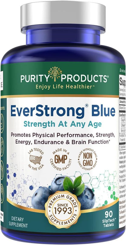Purity Products EverStrong Blue Strength Building + Brain Boosting w/Muscle Matrix Blend ft. Creatine Monohydrate + More, PurityBlue Organic Blueberry Complex, 1000 IU Vitamin D3-90 Tablets