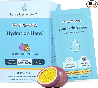 Feel Goods Hydration Hero, 1,000mg Electrolytes Powder, Sugar Free, Magnesium, Organic Coconut Water, L Theanine, Vitamin C & B12, Keto, Vegan, Electrolyte Packets, Passion Fruit Punch, 15 Count