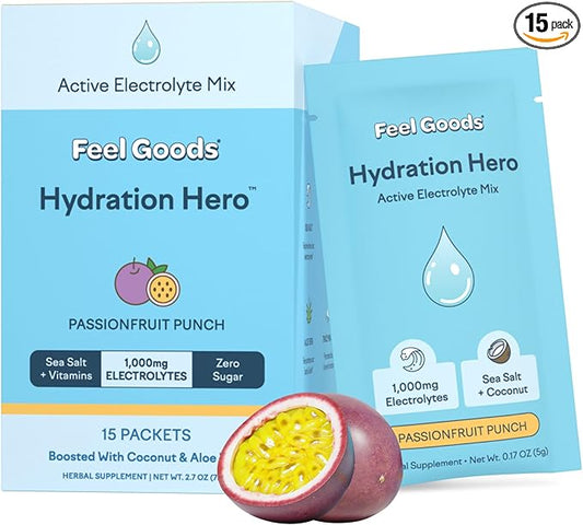 Feel Goods Hydration Hero, 1,000mg Electrolytes Powder, Sugar Free, Magnesium, Organic Coconut Water, L Theanine, Vitamin C & B12, Keto, Vegan, Electrolyte Packets, Passion Fruit Punch, 15 Count