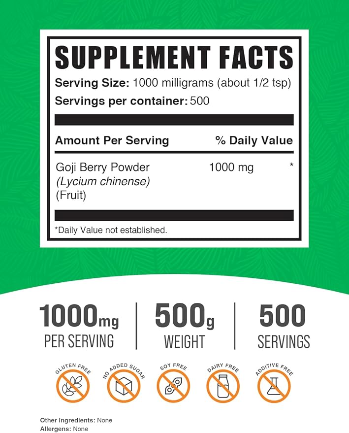 BulkSupplements.com Goji Berry Powder - Goji Berry Supplement, Wolfberry Powder - for Immune Support, Vegan & Gluten Free, 1000mg per Serving, 500g (1.1 lbs) (Pack of 1)