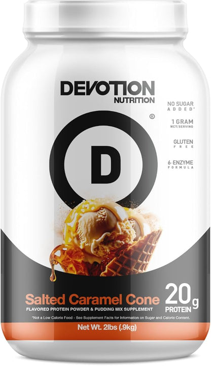 Devotion Nutrition Protein Powder Blend | Gluten Free, Keto Friendly, No Added Sugars | 1g MCT | 20g Whey & Micellar Protein | 2lb Tub (Salted Caramel Cone)