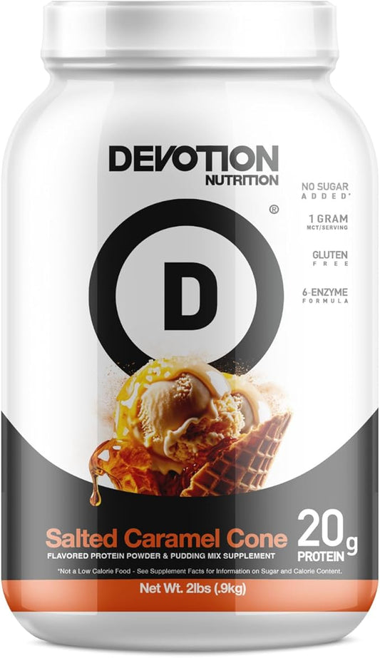 Devotion Nutrition Protein Powder Blend | Gluten Free, Keto Friendly, No Added Sugars | 1g MCT | 20g Whey & Micellar Protein | 2lb Tub (Salted Caramel Cone)