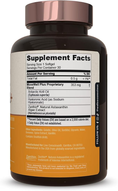 Live Conscious Joint Health Supplement - MoveWell Plus Antarctic Krill Oil, Natural Astaxanthin and Hyaluronic Acid | Outperforms Glucosamine (2 Pack)