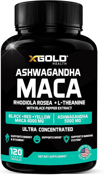 Ashwagandha 5,000mg + Maca Root Black, Red, Yellow 4,000mg, Rhodiola & L-Theanine: 30:1 Extract Ashwagandha Capsules, 20:1 Extract Maca Root Capsules - Supplement for Men and Women