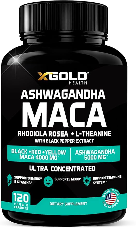 Ashwagandha 5,000mg + Maca Root Black, Red, Yellow 4,000mg, Rhodiola & L-Theanine: 30:1 Extract Ashwagandha Capsules, 20:1 Extract Maca Root Capsules - Supplement for Men and Women