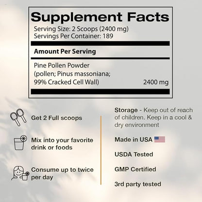 Pine Pollen Powder Wild Harvested - 99% Cracked Cell Wall (16oz/454g) Supports Healthy Energy & Longevity