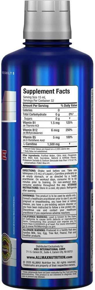 ALLMAX Nutrition Liquid L-Carnitine 1500 + Vitamin B5, 16 oz / 473 ml (Blue Raspberry)
