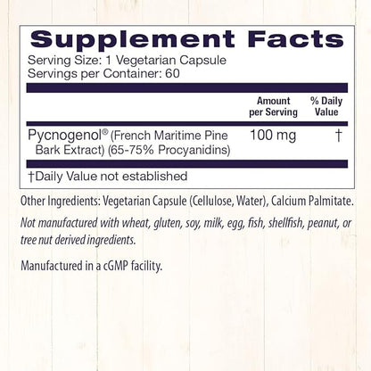 Healthy Origins Pycnogenol 100 mg - Premium Pine Bark Extract - French Maritime Pine Bark Extract for Heart Health, Skin Care & More - Gluten-Free & Non-GMO Supplement - 60 Veggie Caps