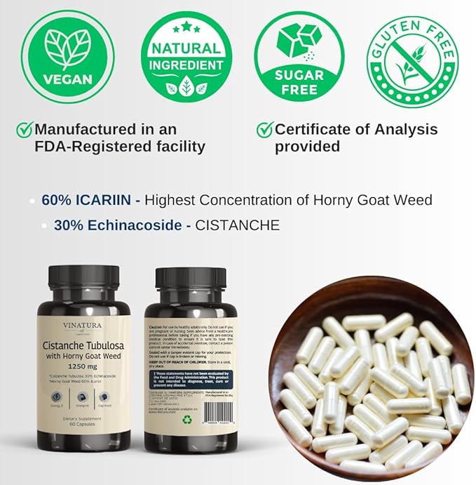 Cistanche with Horny Goat Weed 60% Icariin - 1250mg per Serving, Cistanche Tubulosa, Cistanche Supplement Men, Energy, Strength Cognitive *USA Made and Tested* - 60 Capsules 30 Servings
