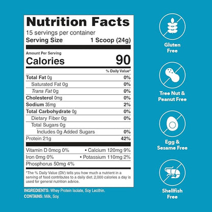 Unflavored Protein Powder | 21g 100% Whey Isolate Protein Powder | Unflavored Whey Protein Powder | Low Carb and Sugar Free Whey Protein Isolate | Gluten Free | Certified Kosher | 15 Servings