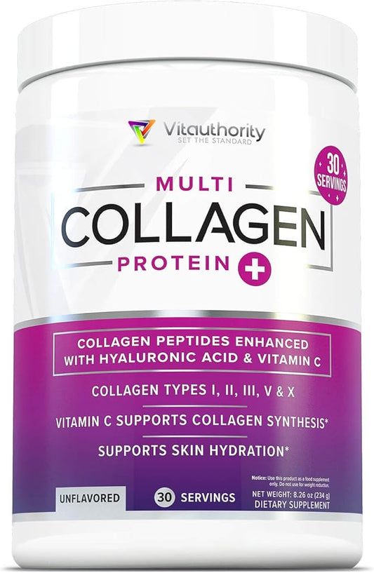 Multi Collagen Peptides Powder for Women and Men - Instant Dissolving Grass Fed Hydrolyzed Collagen Powder Drink Mix for Beautiful Hair Skin and Nails with Hyaluronic Acid and Vitamin C - Unflavored