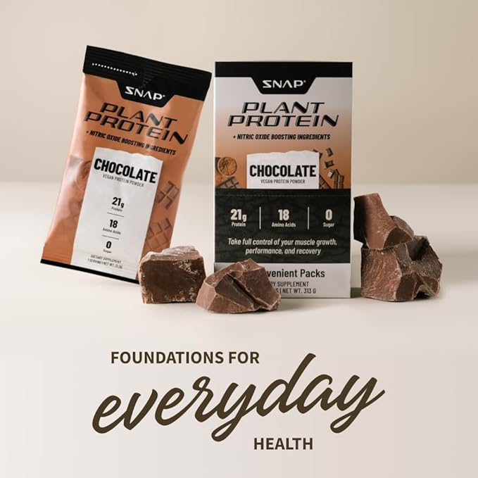 Snap Supplements 100% Plant Based Protein Powder Stick Packs with Nitric Oxide Booster (10 Pack, Chocolate)