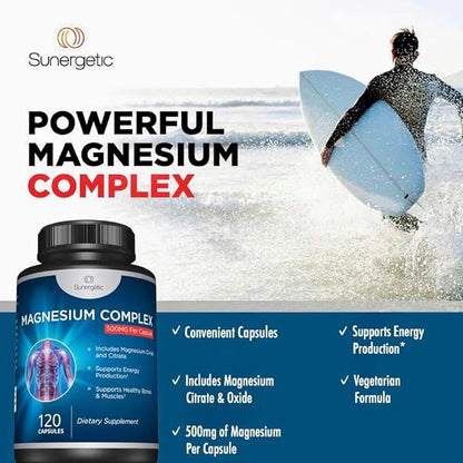 Premium Magnesium Citrate Capsules – Powerful 500mg Magnesium Oxide & Citrate Supplement – Helps Support Healthy Bones, Muscles, Teeth, Energy & Relaxation – 120 Vegetable Capsules