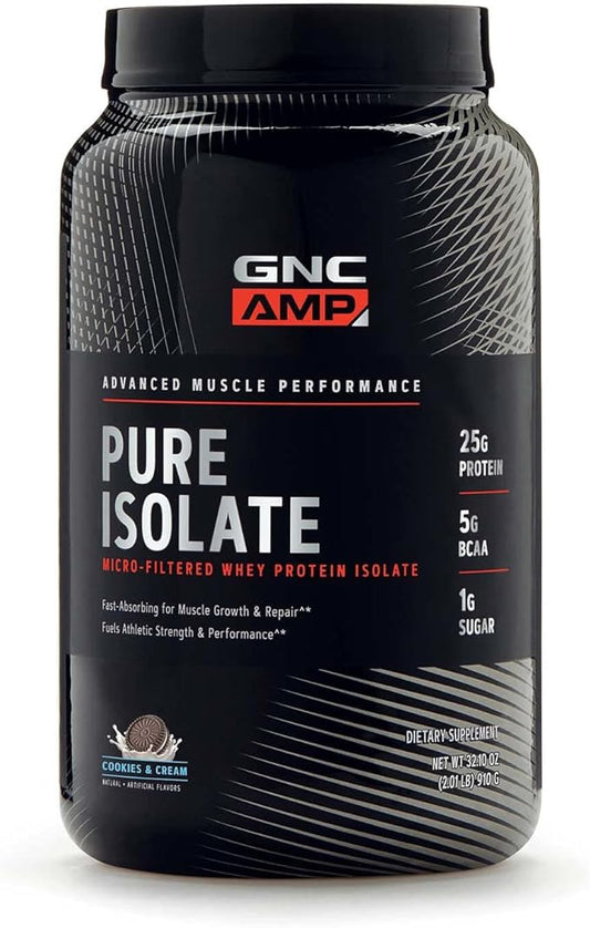 GNC AMP Pure Isolate | Fuels Athletic Strength, Performance and Muscle Growth | Fast Absorbing | 25g Whey Protein Iso with 5g BCAA | 28 Servings | Cookies & Cream