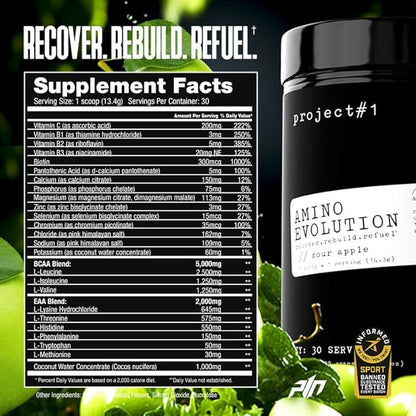 Project #1 AminoEVolution: Muscle Support & Recovery | BCAA's, EAA's, Electrolytes Powder | Keto-Friendly Energy Boost | Pre Workout for Men & Women | 30 Servings - Sour Apple | Amino Acids