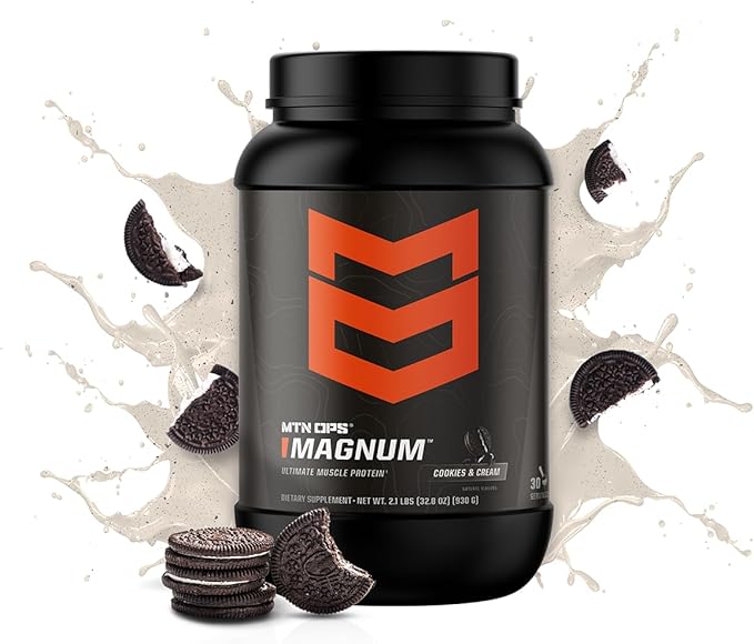 MTN OPS Magnum Cookies & Cream Protein Powder, 23g of Whey Isolate Protein & Milk Protein with BCAAs, Zero Sugar & Gluten Free, Cookies& Cream, 30-Serving Tub