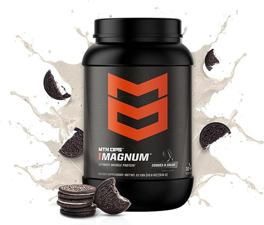 MTN OPS Magnum Cookies & Cream Protein Powder, 23g of Whey Isolate Protein & Milk Protein with BCAAs, Zero Sugar & Gluten Free, Cookies& Cream, 30-Serving Tub