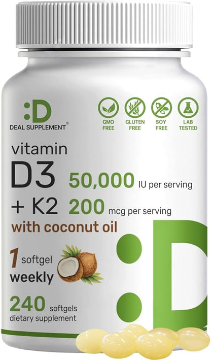 DEAL SUPPLEMENT Vitamin D3 50,000 IU + K2 MK7 200 mcg,240 Softgels | Virgin Coconut Oil, Max Strength Vitamin D & K, Promotes Heart, Bone, & Teeth Health – One Softgel Weekly, Easy to Swallow