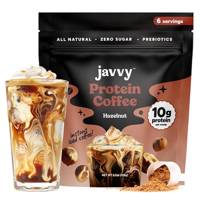Javy Hazelnut Protein Coffee - Premium Whey Protein & Instant Iced Coffee - 100% Arabica Coffee - Zero Artificial Flavors & Sweeteners, 6 Servings