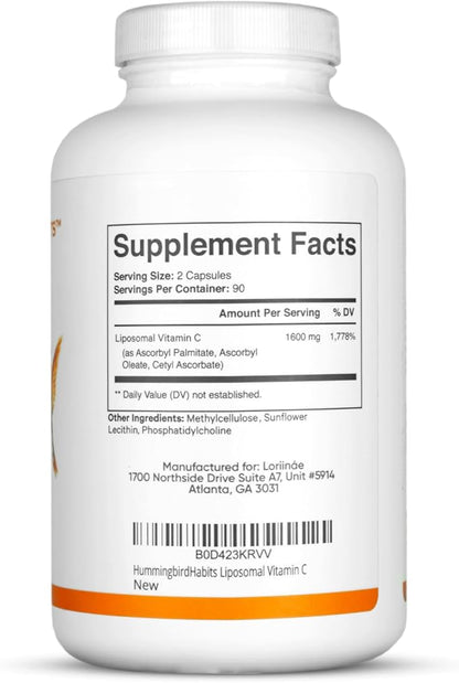 Liposomal Vitamin C 1600mg, High Absorption Vitamin C for Immune Support, Fat Soluble VIT C Antioxidant Supplement for Collagen Synthesis, Joint Support & Skin Appearance, 180 Vegan Capsules