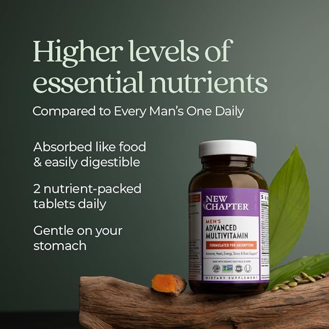 New Chapter Men's Multivitamin Advanced Formula for Stress, Brain, Immune, Heart & Energy Support, Higher Levels of Whole-Food Fermented Essential Nutrients for Men + Selenium + B Vitamins, 72 ct