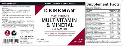 Kirkman - Children's Multivitamin & Mineral - 120 Capsules - with 5-MTHF - Potent Broad Spectrum Vitamin/Mineral Supplement - Hypoallergenic