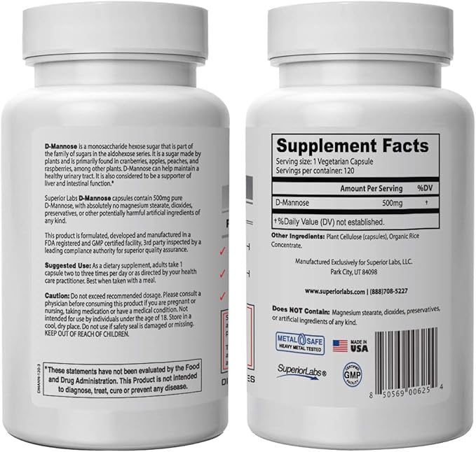 Superior Labs – Best D-Mannose NonGMO Dietary Supplement – 500mg, 120 Vegetable Capsules – Powerful Prebiotic – Boosts Urinary Tract Health – Supports Digestive Health & Liver Function