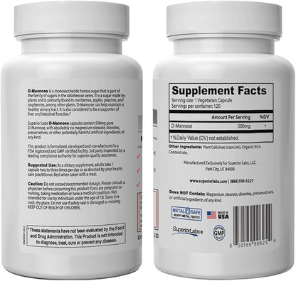 Superior Labs – Best D-Mannose NonGMO Dietary Supplement – 500mg, 120 Vegetable Capsules – Powerful Prebiotic – Boosts Urinary Tract Health – Supports Digestive Health & Liver Function