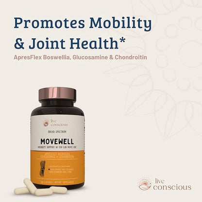 MoveWell by LiveConscious Glucosamine Chondroitin with MSM, Hyaluronic Acid, and More | Joint Health Supplement (2-Pack)