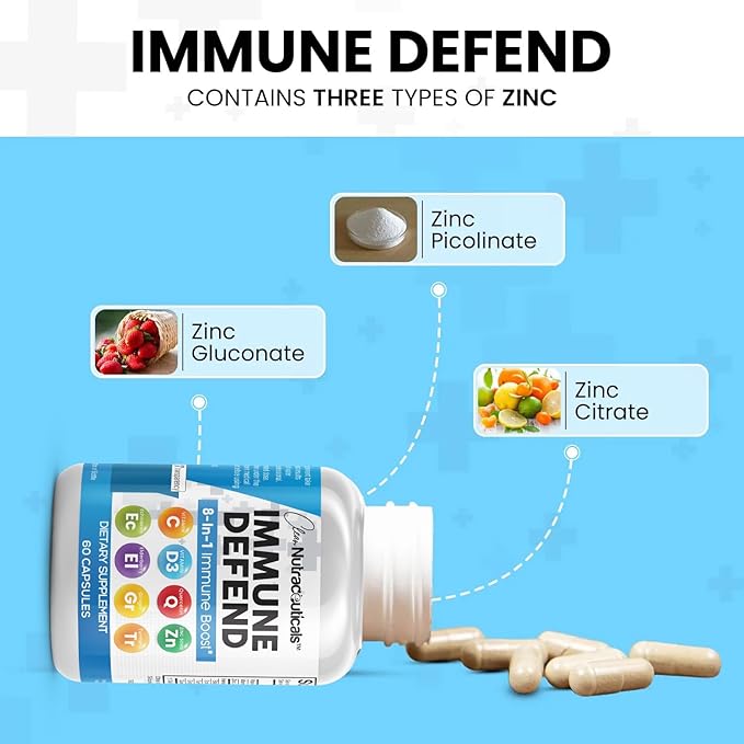 Immune Defense Support Supplement 8 in 1 w/ Zinc 50mg Quercetin, Vit C 1000mg, Vitamin D3 5000 IU, Elderberry, Turmeric Curcumin, Ginger, Echinacea - Immunity System Booster Adults Vegan - 60Ct
