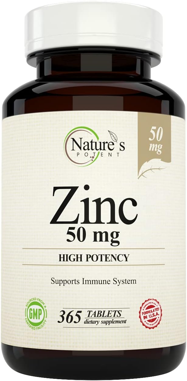 Nature's Potent Zinc 50 mg, Immune Support Supplement - High Potency for Maximum Immune & Antioxidant Health - Made in USA from Natural Zinc Oxide - 365 Tablets (1 Year Supply)