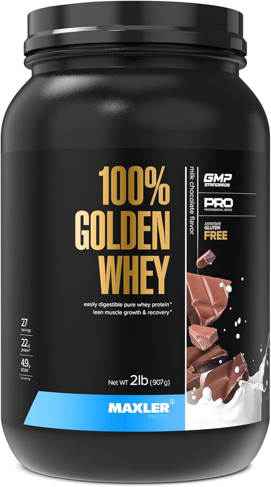 Maxler 100% Golden Whey Protein - 22g Protein per Serving - Premium Whey Protein Powder for Pre Post Workout - Fast-Absorbing Whey Concentrate Isolate & Hydrolysate Blend - Milk Chocolate Protein 2 lb