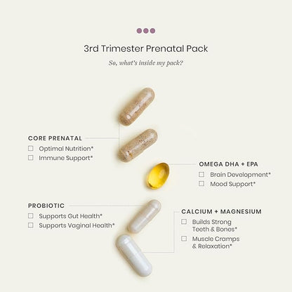 Perelel 3rd Trimester Prenatal Pack - Daily Pregnancy Vitamins - Probiotics, Prenatal Vitamins + Omega 3 DHA Supplements for Women - Soy-Free, Non-GMO Women's Vitamins (30 Pill Packs)