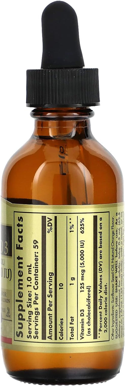 Solgar Liquid Vitamin D3 125 mcg (5,000 IU), 2 fl oz - Delicious, Natural Orange Flavor - Helps Maintain Healthy Bones & Teeth - Immune System Support - Gluten Free, Dairy Free, Kosher - 59 Servings