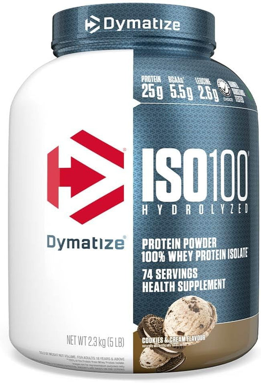 Dymatize ISO100 Hydrolyzed Protein Powder, 100% Whey Isolate Protein, 25g of Protein, 5.5g BCAAs, Gluten Free, Fast Absorbing, Easy Digesting, Cookies and Cream, 5 Pound