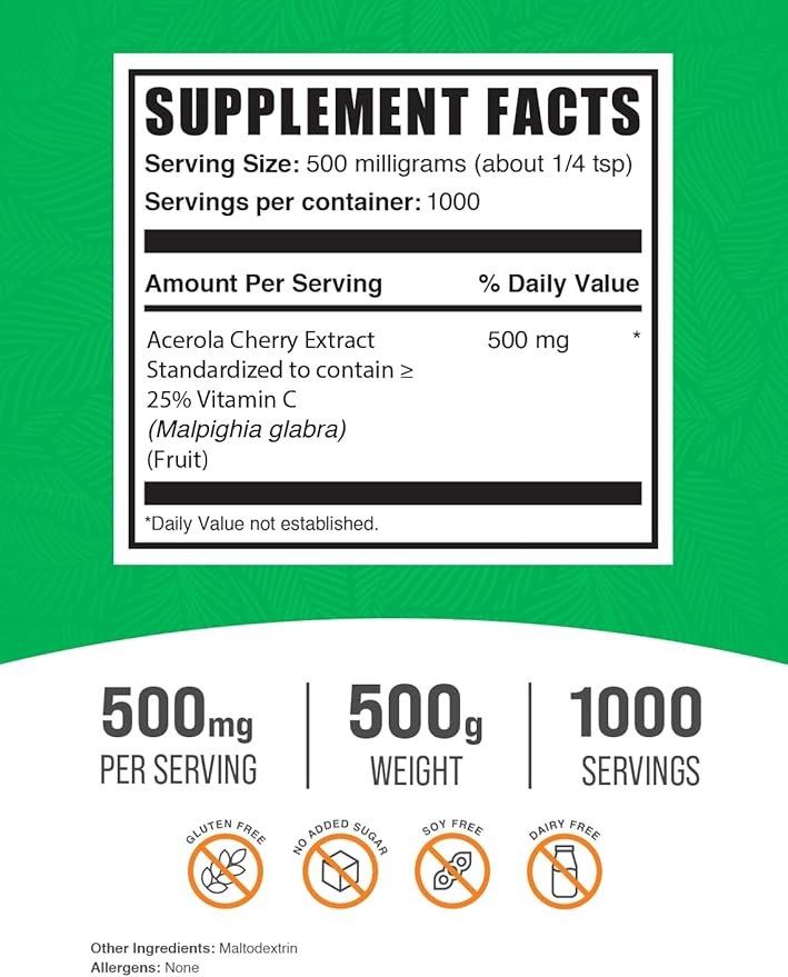 BulkSupplements.com Acerola Cherry Extract Powder - Natural Vitamin C Supplement, Acerola Cherry Powder - Vegan & Gluten Free, 500mg per Serving, 500g (1.1 lbs) (Pack of 1)