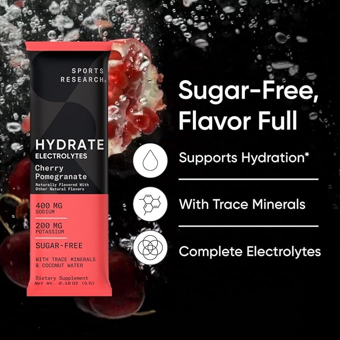 Sports Research Hydrate Electrolytes Powder Packets - Sugar-Free & Naturally Flavored with Vitamins, Minerals, and Coconut Water - Supports Hydration - 32 Packets - Variety Pack