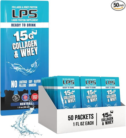Nutritional Designs LPS Liquid Collagen& Whey Protein Supplement - Non-GMO Drink, Sugar-Free - Promotes Healthy Skin & Hair for Men & Women, Neutral, Single Serve (50 Packets)
