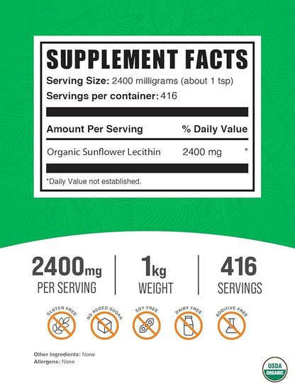BulkSupplements.com Organic Sunflower Lecithin Powder - Sunflower Lecithin Supplement, Lecithin Powder Food Grade - Vegan & Gluten Free, 2400mg per Serving, 1kg (2.2 lbs) (Pack of 1)