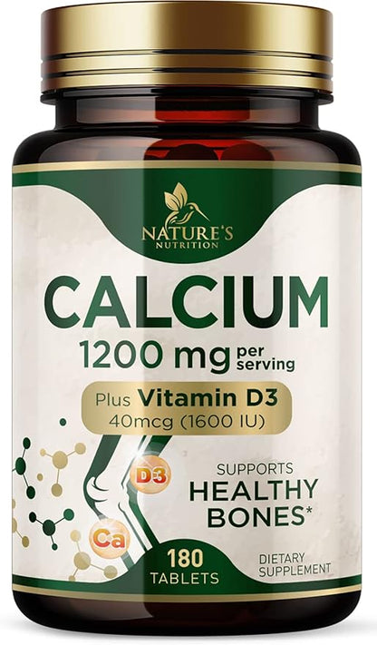 Calcium 1200 mg with Vitamin D3, Calcium Supplement Vitamins, Supports Bone Strength, Teeth & Immune System, Calcium Supplements for Women & Men, Nature's Absorbable Calcium Carbonate - 180 Tablets