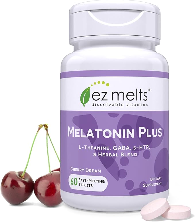 EZ Melts Dissolvable Melatonin Plus, Sugar-Free Sleep Support with Melatonin 5mg, L-Theanine, GABA, 5-HTP, and Herbal Blend, 60-Day Supply