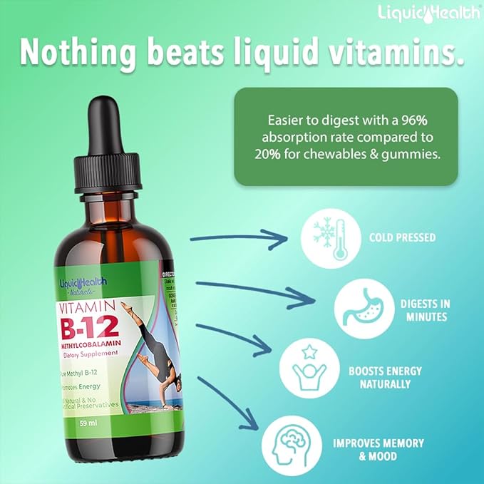 LIQUIDHEALTH Vitamin B12 Methylcobalamin Liquid Drops with Sublingual Hydroxocobalamin - Boost Energy, Support Immune System, Improve Memory & Concentration - Vegan, Sugar Free, Non-GMO (3pack)