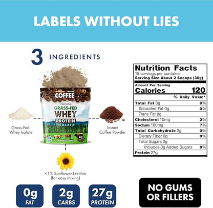 Opportuniteas Grass Fed Coffee Whey Protein Isolate Powder - 27g Protein Powder Without Artificial Sweeteners, Hormone-Free Cows, Non GMO - 2.5lb