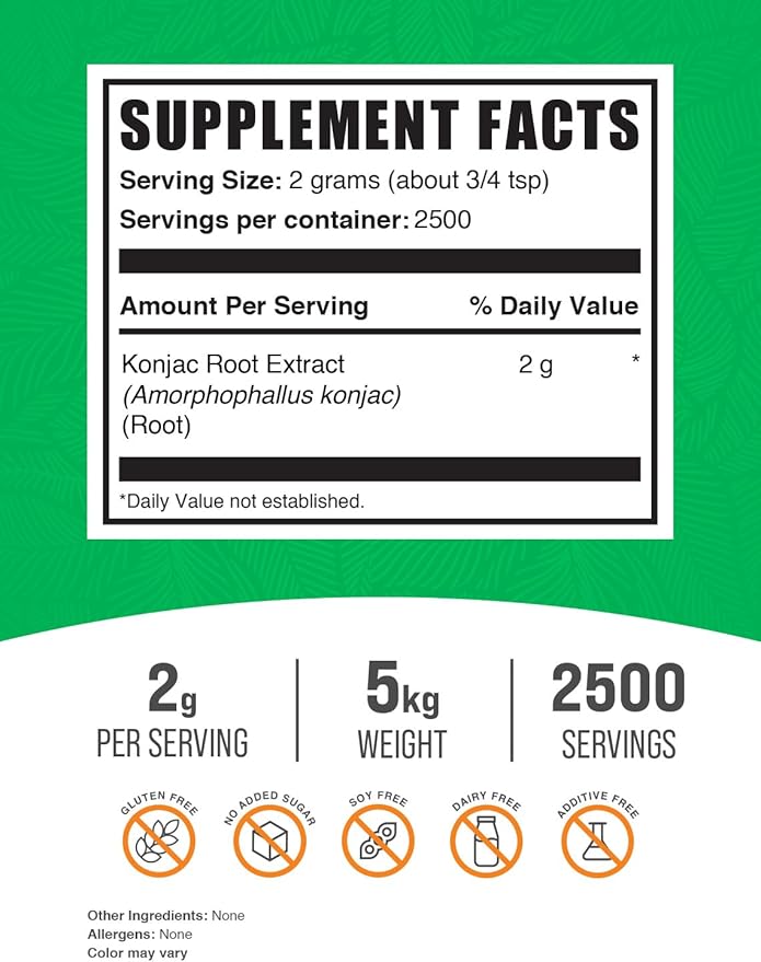 BulkSupplements.com Glucomannan Powder - Konjac Root Extract Powder, Fiber Supplement Powder, Konjac Powder - Gluten Free, 2g per Serving, 5kg (11 lbs) (Pack of 5)