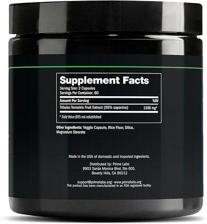 Prime Labs Tribulus Terrestris for Men - Men's Supplement with 95% Saponins - Energy & Vitality Booster - with 1,300 mg Tribulus Terrestris Extract - 120 Capsules