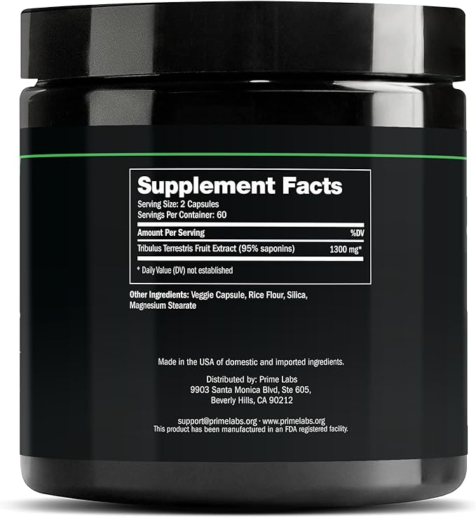 Prime Labs Tribulus Terrestris for Men - Men's Supplement with 95% Saponins - Energy & Vitality Booster - with 1,300 mg Tribulus Terrestris Extract - 120 Capsules