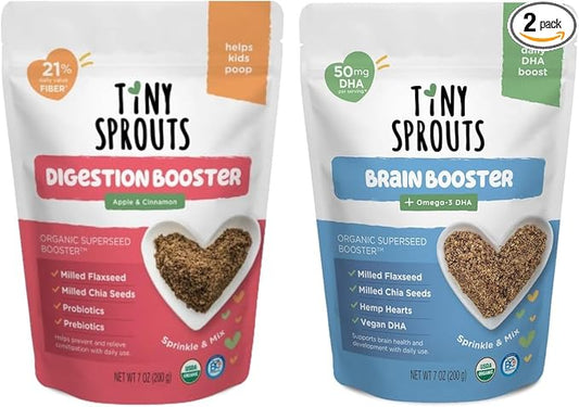 Organic Digestion Booster (Apple & Cinnamon) & Brain Booster - Milled Chia Seed, Milled Flaxseed and Hemp Hearts with Vitamin D, DHA, Probiotics for 6M+ Babies Toddlers & Kids (7oz x 2 Pack)