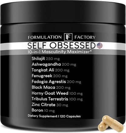 Self Obsessed 10 in 1 Masculinity Maximizer Supplement, Shilajit for Men, Tongkat Ali, Ashwaganda, Fenugreek & More, Muscle Growth, Energy Management, Drive, Strength, Recovery (2 Months)