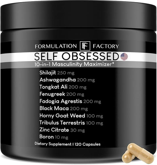 Self Obsessed 10 in 1 Masculinity Maximizer Supplement, Shilajit for Men, Tongkat Ali, Ashwaganda, Fenugreek & More, Muscle Growth, Energy Management, Drive, Strength, Recovery (2 Months)